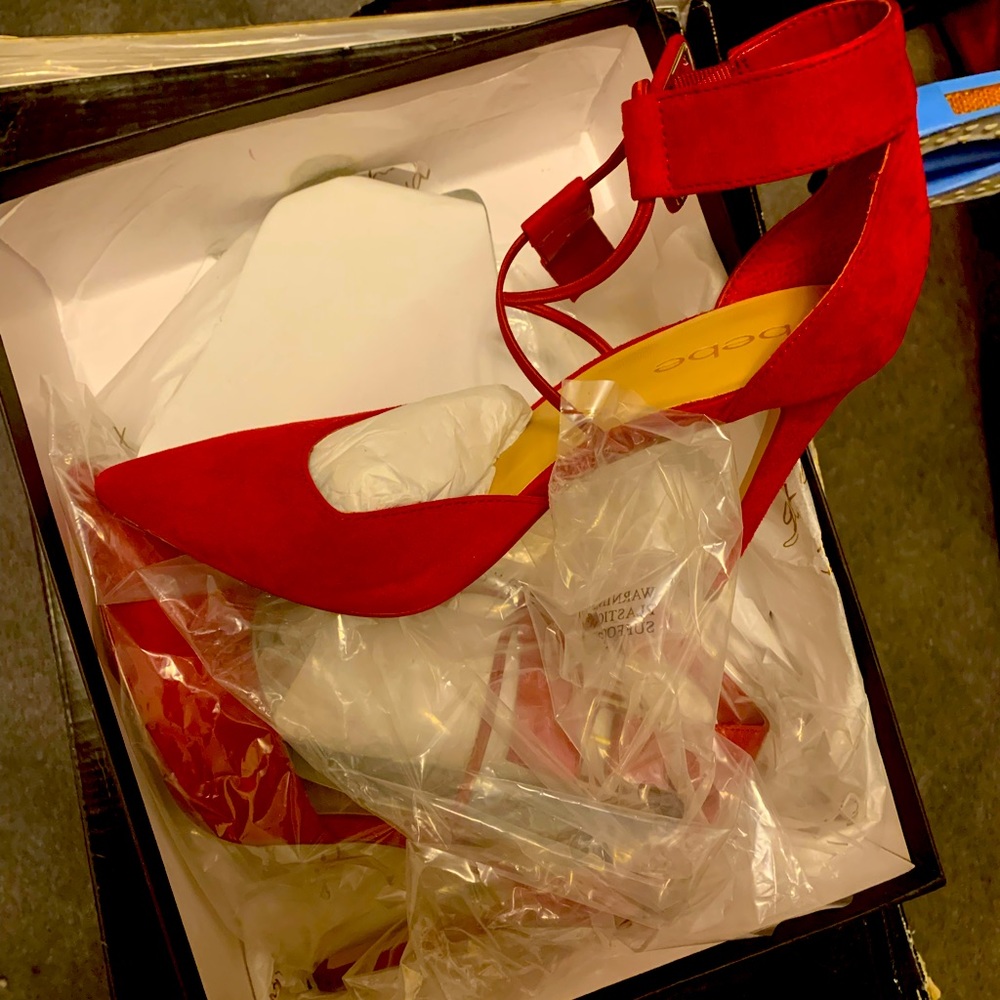 Red BEBE heels suede worn once heel 5 inch height cross over straps